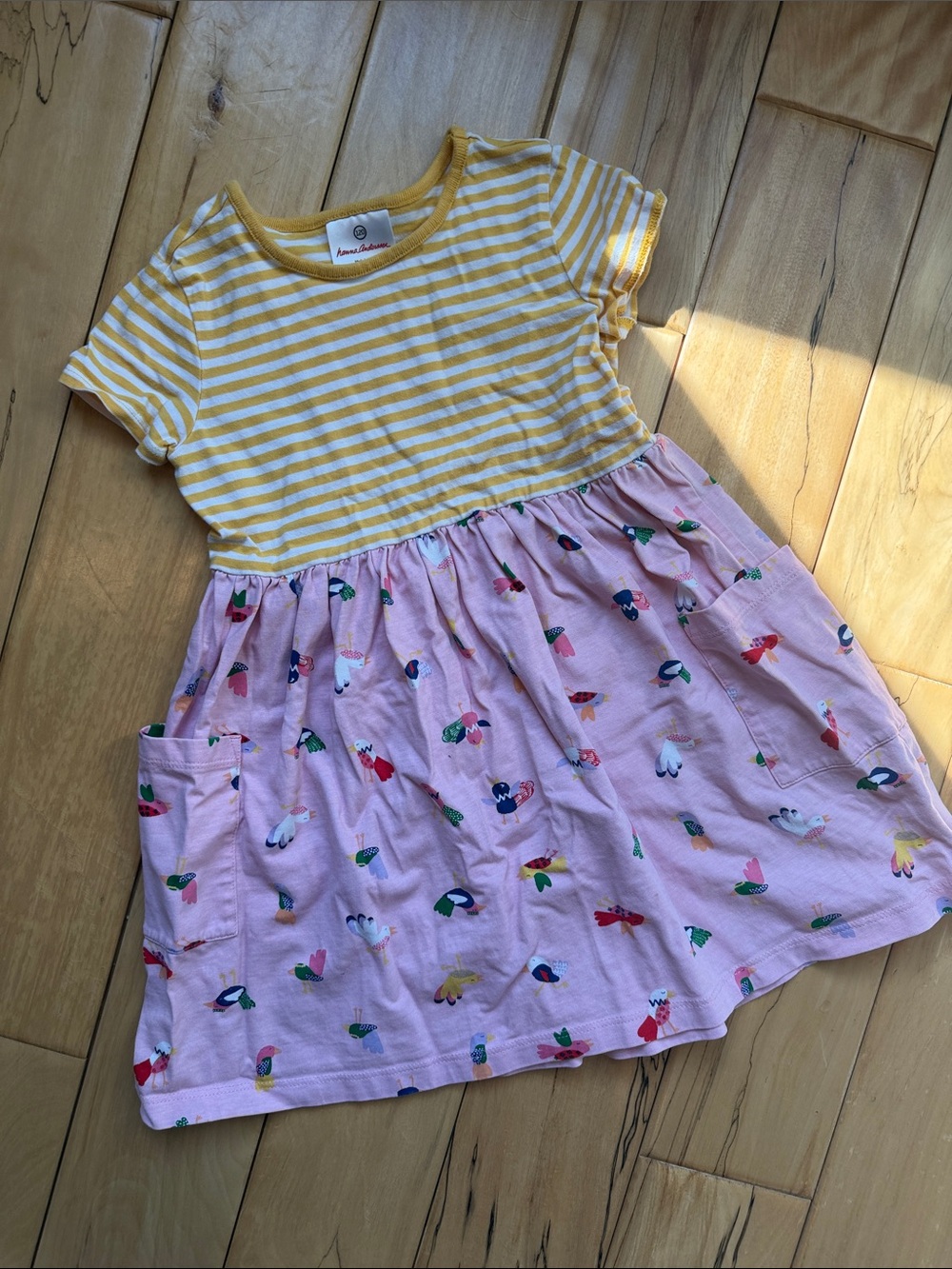 Hanna Andersson Sz. 120/6 - Yellow-Striped Top with Pink Bird-Print Skirt Dress